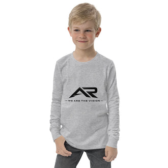 Niño con buzo gris claro manga larga y logo AR, ropa infantil moderna