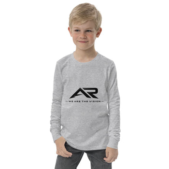 Niño con buzo gris claro manga larga y logo AR, ropa infantil moderna