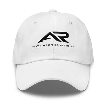 Gorra blanca tipo dad hat con logo AR y frase 'We Are The Vision' en negro, vista frontal.