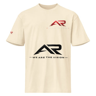 Camiseta beige de manga corta para hombre con logo AR y texto 'WE ARE THE VISION' en el frente.