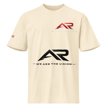 Camiseta beige de manga corta para hombre con logo AR y texto 'WE ARE THE VISION' en el frente.
