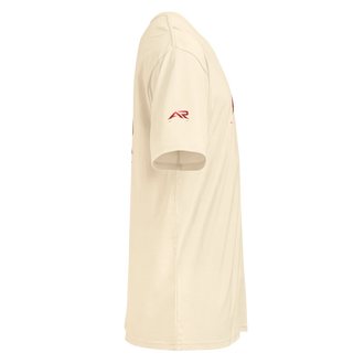 Camiseta premium de manga corta para hombre color blanco vintage, vista lateral, logo rojo en la manga.