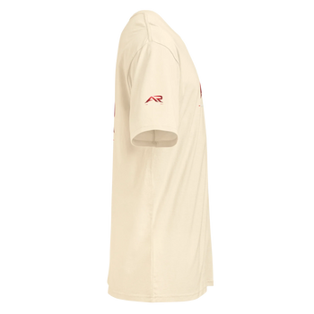 Camiseta premium de manga corta para hombre color blanco vintage, vista lateral, logo rojo en la manga.