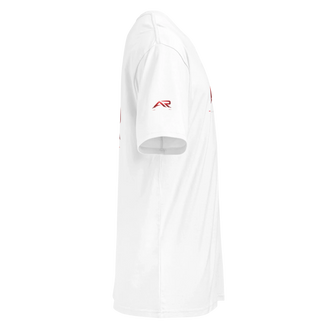 Camiseta blanca manga corta para hombre, logotipo rojo en manga, vista lateral