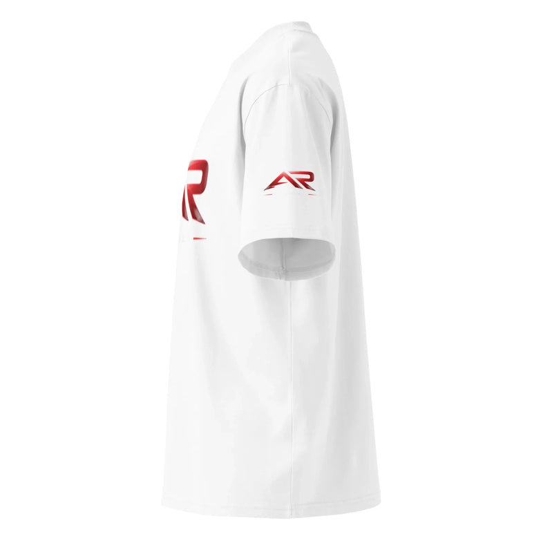 Camiseta blanca oversize unisex orgánica cuello alto con logo rojo en manga y pecho