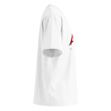 Camiseta oversize blanca unisex con cuello alto y detalle gráfico rojo al frente