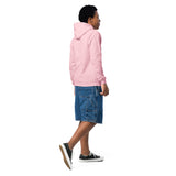 Sudadera juvenil rosa claro con capucha vista trasera, combinada con bermudas de mezclilla