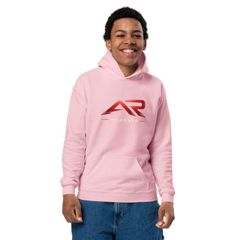 Sudadera infantil rosa claro con capucha, logo AR rojo al frente, bolsillo central tipo canguro