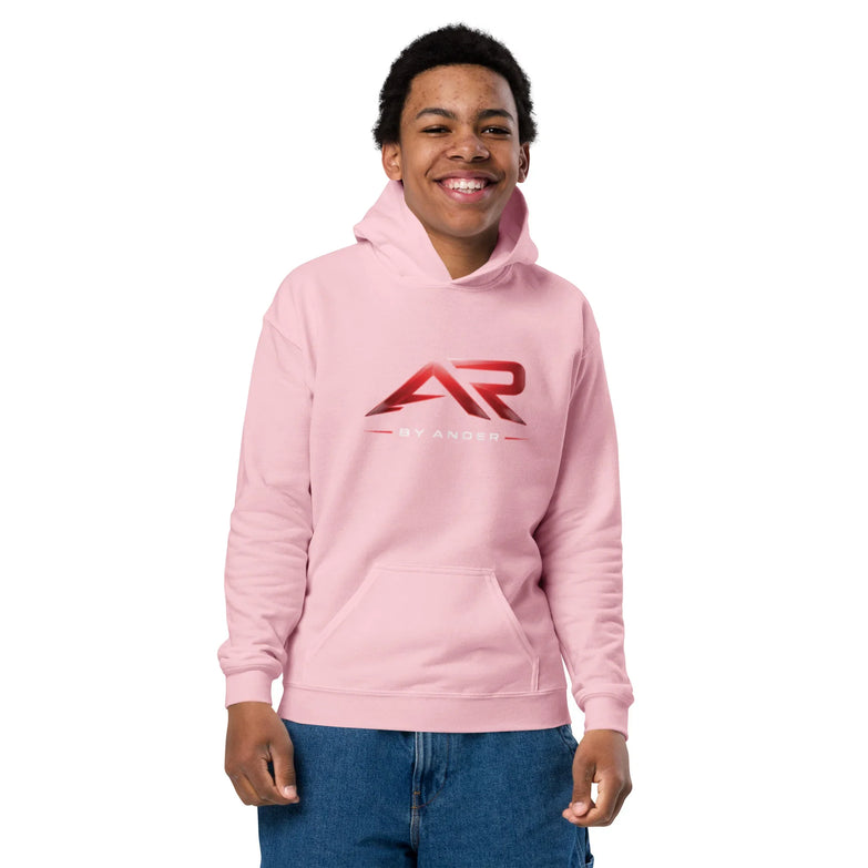 Sudadera infantil rosa claro con capucha, logo AR rojo al frente, bolsillo central tipo canguro