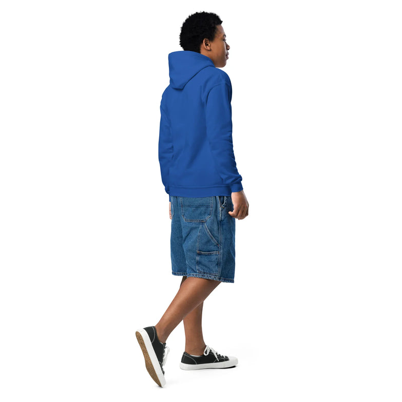 Sudadera azul con capucha para joven, vista trasera, combinada con bermuda de mezclilla