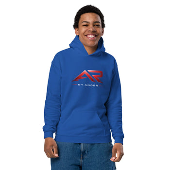 Sudadera azul para joven con capucha y logo AR by Ander al frente, moda juvenil.