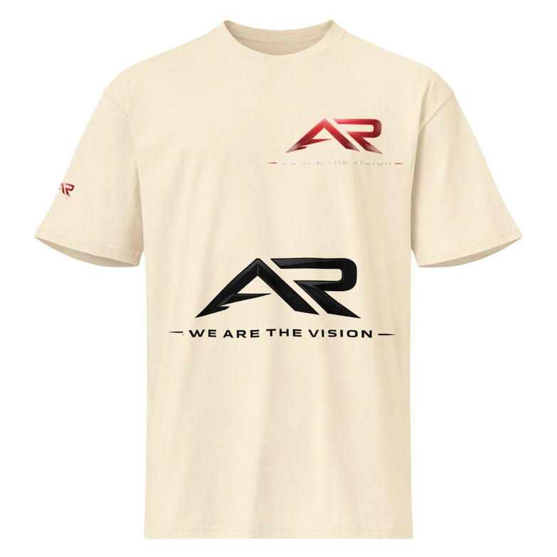 Camiseta beige de manga corta para hombre con logo AR y texto 'WE ARE THE VISION' en el frente.