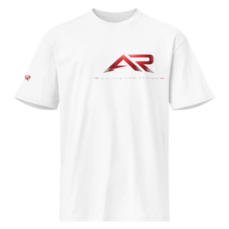 Camiseta blanca para hombre con logo AR rojo y frase 'We are the vision' en el frente.