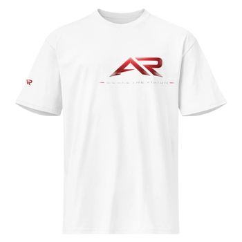 Camiseta blanca para hombre con logo AR rojo y frase 'We are the vision' en el frente.