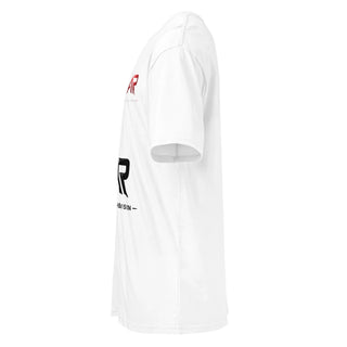 Camiseta blanca de manga corta para hombre con estampado negro y rojo vista lateral