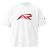 Camiseta blanca oversize unisex orgánica con cuello alto y logo rojo metálico AR al frente