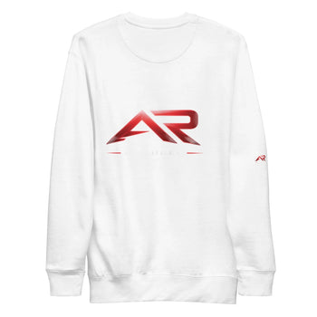 Sudadera unisex blanca con logo AR rojo en la espalda y detalle en la manga