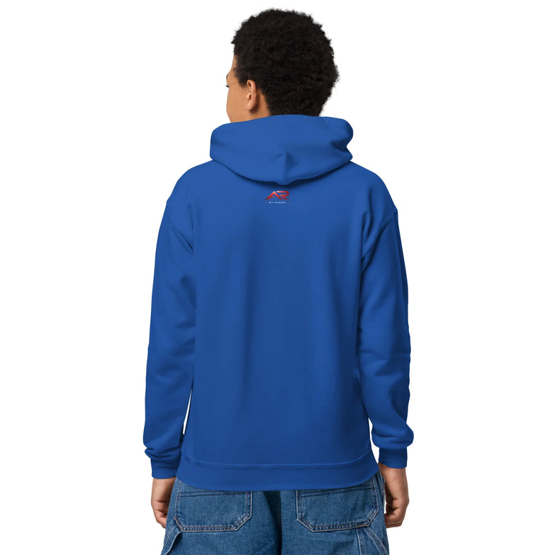 Sudadera con capucha azul para joven, vista trasera, diseño cómodo y casual